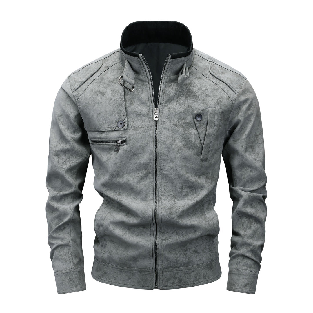 Herren Slim-Fit Biker-Bomberjacke aus Wildlederimitat mit Stehkragen und Zierknöpfen Shop Nory