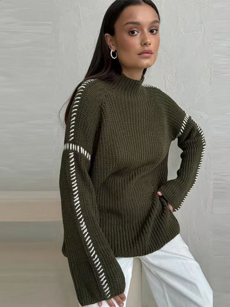 Damen Oversize-Strickpullover mit Stehkragen, Ballonärmeln und Ziernaht Shop Nory