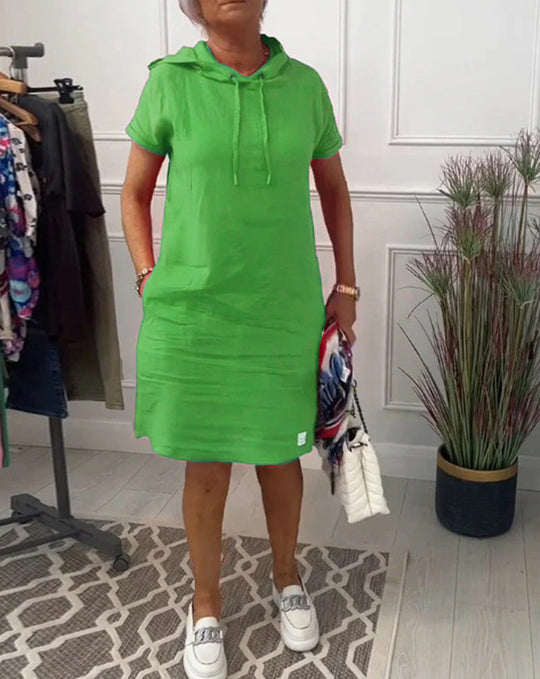 Damen nan legeres Kapuzenkleid mit kurzem Ärmel, geradem Schnitt und Kordelzug