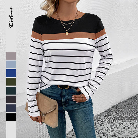 Damen Langarm-Shirt mit Streifenmuster, kontrastierender Passe und legerer Silhouette Shop Nory
