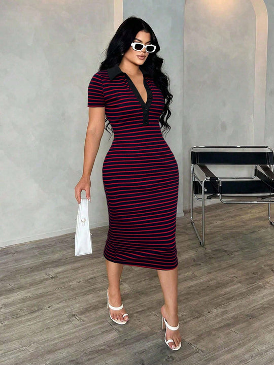 Damen Figurbetontes Polokleid im Streifen‑Look aus Rippstrick mit kurzem Ärmel Shop Nory