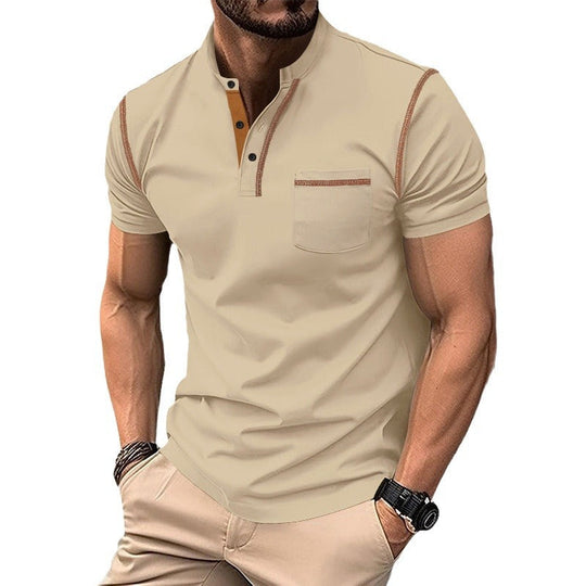 Herren nan Kurzarm-Polo im Henleystil mit Stehkragen, Brusttasche und Kontrastnaht