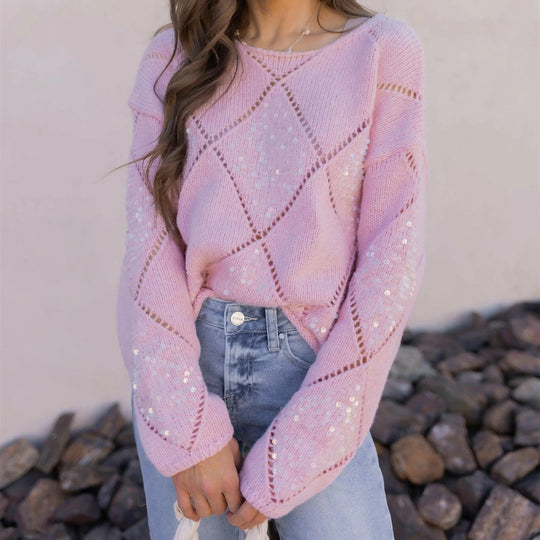 Damen Grobgestrickter Oversize-Pullover mit Ajour‑Rautenmuster und Pailletten Shop Nory