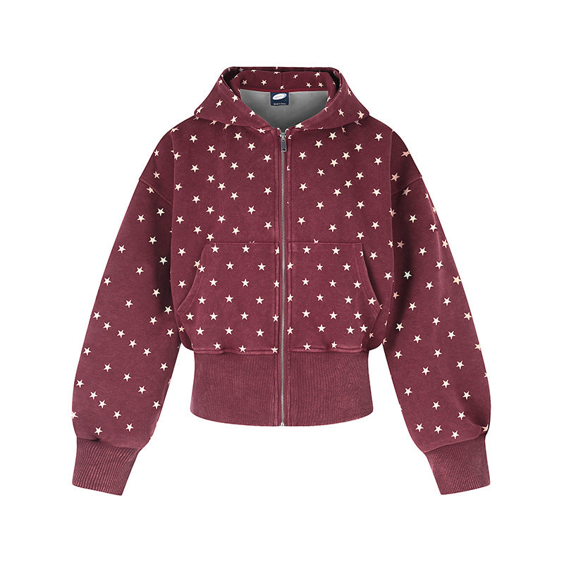 Damen Kurze Kapuzen-Sweatjacke mit durchgehendem Reißverschluss, gepunktetem Allover und breitem Rippbund Shop Nory