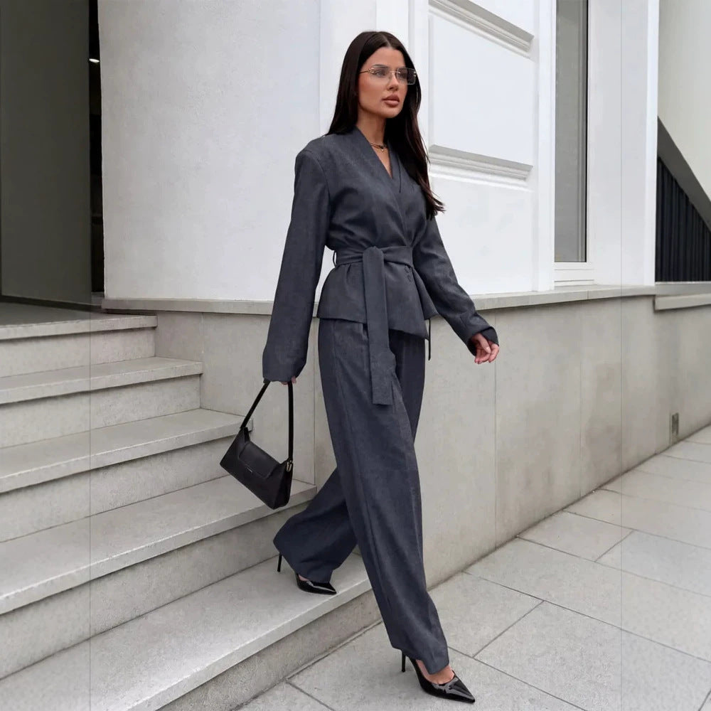 Damen Elegantes Wickelblazer-Set mit Taillengürtel und weiter Bundfaltenhose Shop Nory