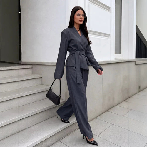Damen Elegantes Wickelblazer-Set mit Taillengürtel und weiter Bundfaltenhose Shop Nory
