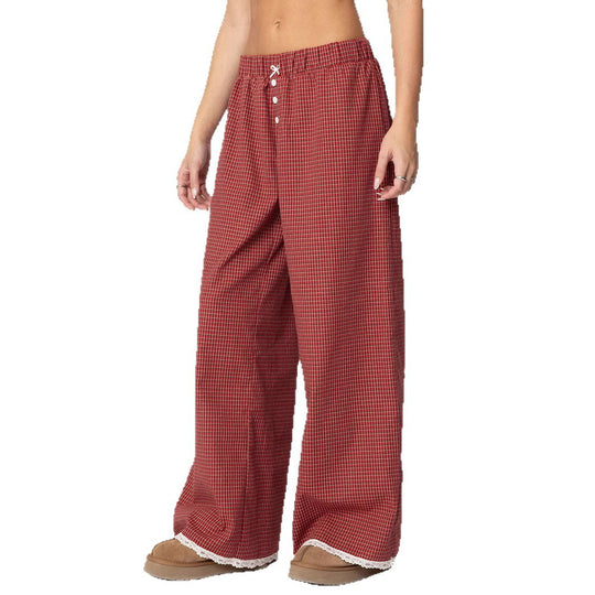 Damen Weite Lounge-Hose mit Gummibund, Knopfleiste & Spitzenbesatz Shop Nory