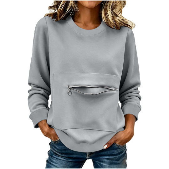 Damen nan locker geschnittenes Sweatshirt mit Frontreißverschlusstasche und Rundhalsausschnitt Shop Nory