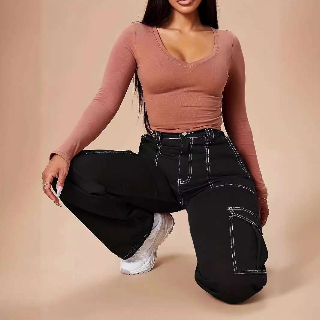 Damen Utility-Cargo-Hose mit weitem Bein, hoher Taille und kontrastierenden Ziernähten Shop Nory