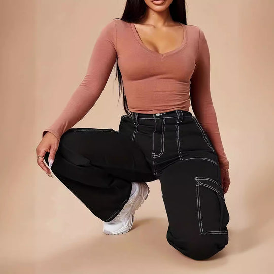 Damen Utility-Cargo-Hose mit weitem Bein, hoher Taille und kontrastierenden Ziernähten Shop Nory