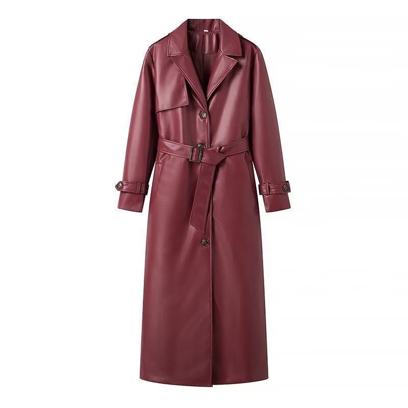 Damen Langer Kunstleder‑Trenchcoat mit Taillengürtel, weitem Revers und wasserabweisender Oberfläche Shop Nory