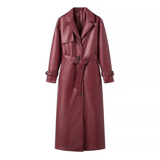 Damen Langer Kunstleder‑Trenchcoat mit Taillengürtel, weitem Revers und wasserabweisender Oberfläche Shop Nory