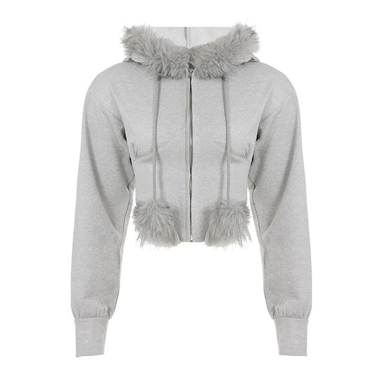 Damen nan kurzes Kapuzen‑Sweatshirt mit Kunstfellbesatz, Reißverschluss und Pompon-Kordeln Shop Nory