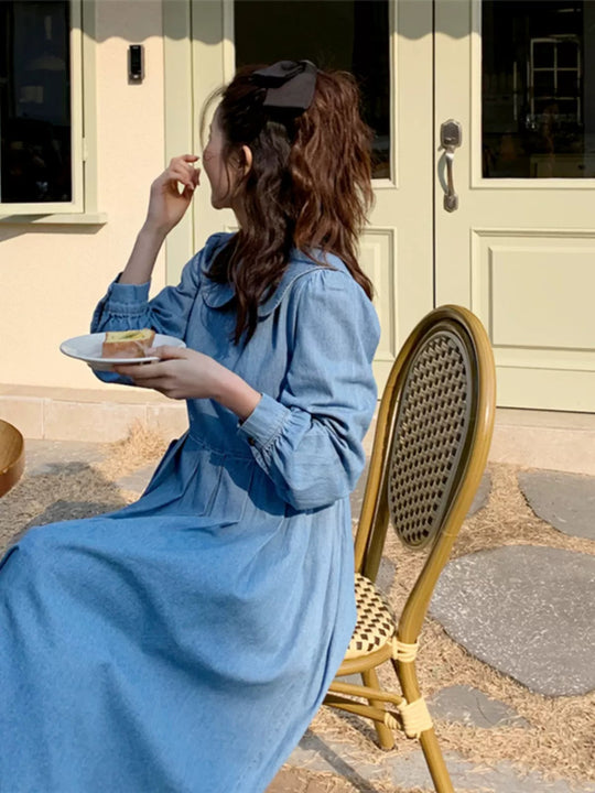 Damen Langes Chambray-Midaxi-Hemdkleid mit geraffter Taillenpasse und weitem Rockfalten Shop Nory