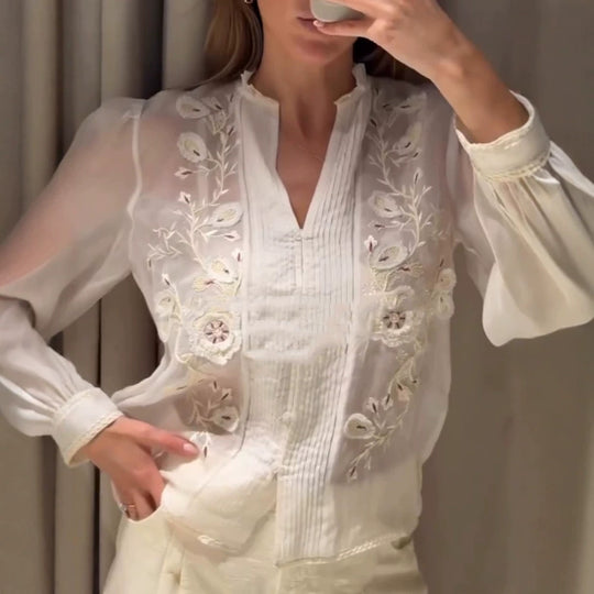 Damen Transparente bestickte Chiffonbluse mit Pintucks, V‑Ausschnitt und Ballonärmeln Shop Nory