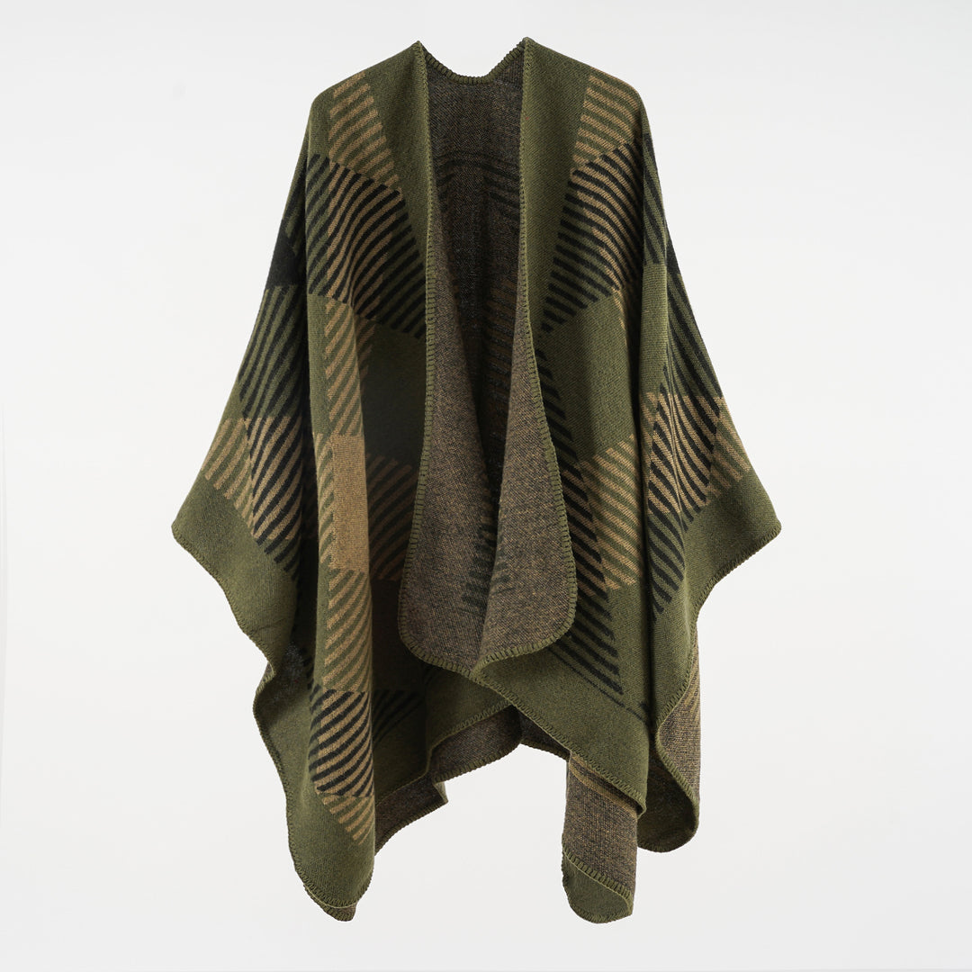 Damen Umhangponcho aus Wollmix mit geometrischem Streifen-Jacquard und offener Kantennaht Shop Nory