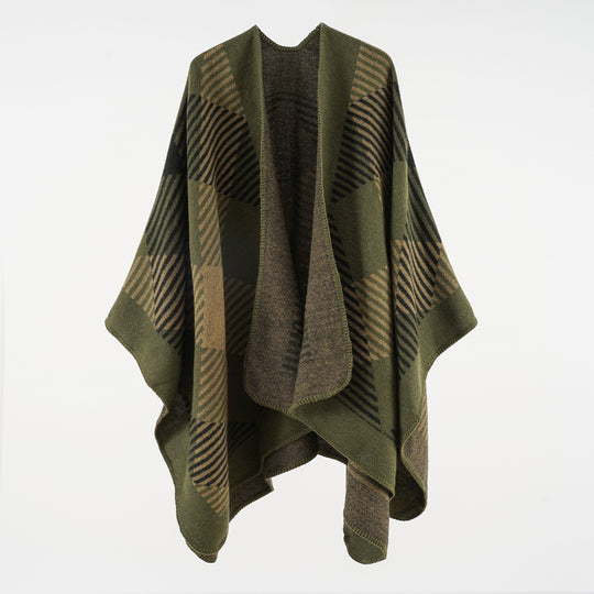 Damen Umhangponcho aus Wollmix mit geometrischem Streifen-Jacquard und offener Kantennaht Shop Nory