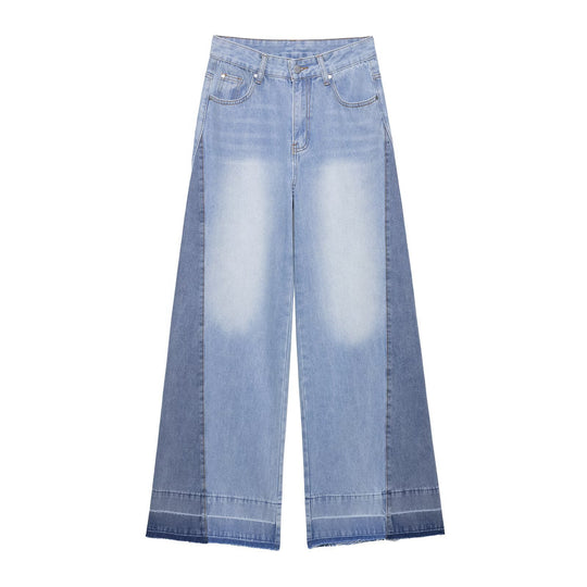Damen weite Patchwork-Jeans mit hohem Bund, Kontrastseiten und rohem Saum Shop Nory