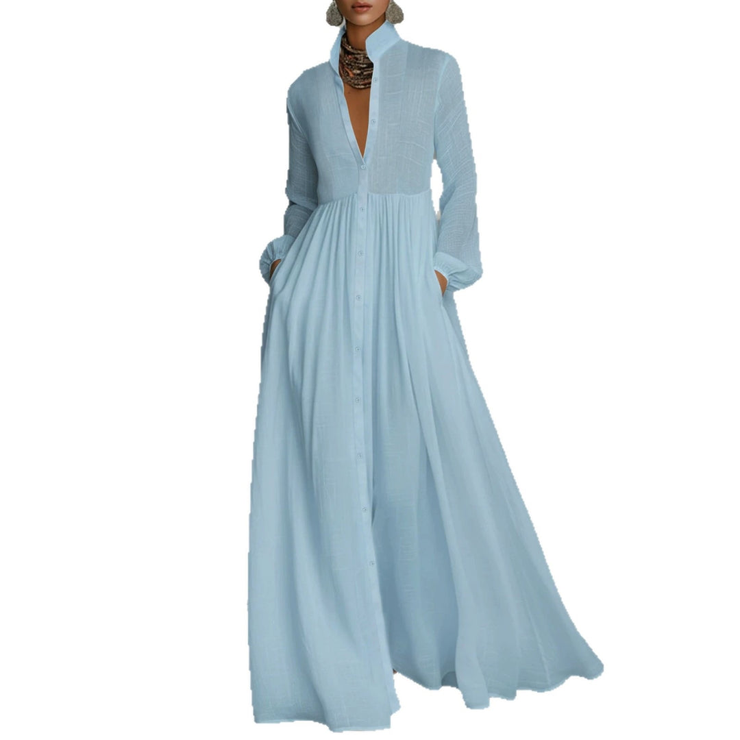 Damen Maxikleid mit Stehkragen, durchgehender Knopfleiste, taillenhoher Raffung und Eingrifftaschen Shop Nory