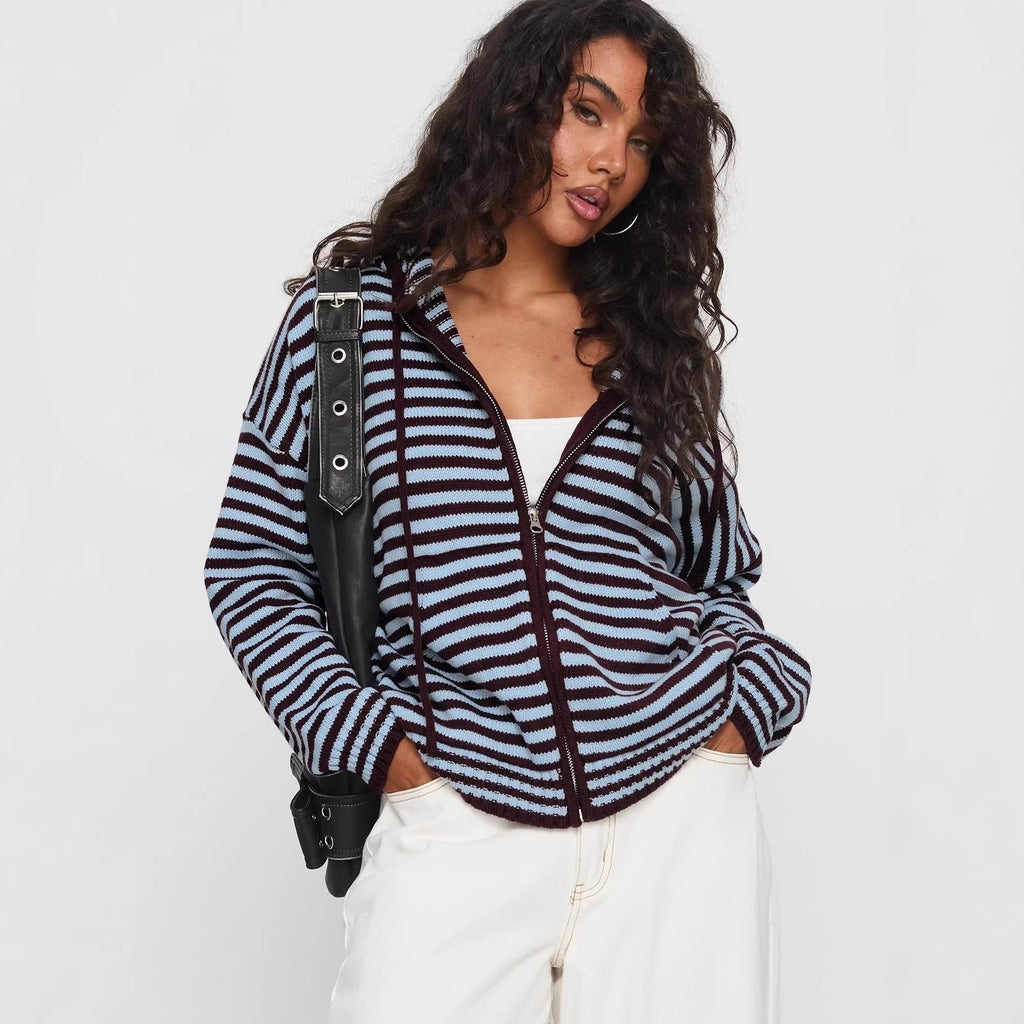 Damen Cardigan im gestreiften Design mit hochwertigem Reißverschluss und lässigem Schnitt Shopnory
