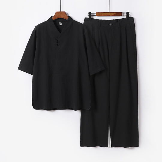 Herren Zweiteiliges Leichtes Kimono-Loungewear-Set mit Stehkragen Knotenverschluss Kurzarm und weiter Bundhose Shop Nory
