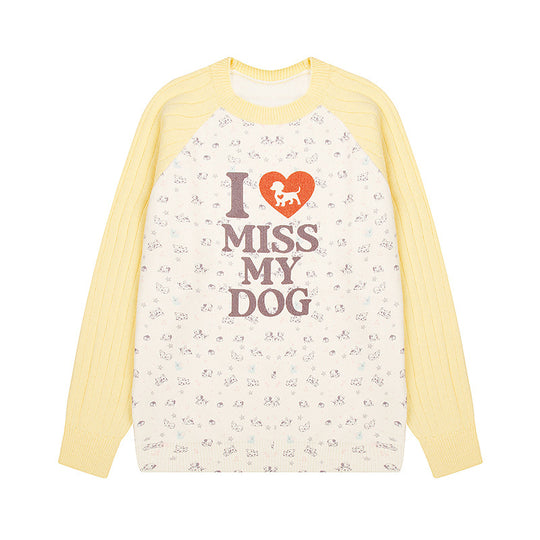 Damen Strickpullover mit Raglanärmeln, Allover-Hundemotiv und Statement-Print Shop Nory