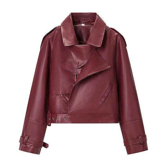 Damen Kurz geschnittene Bikerjacke aus Lederoptik mit asymmetrischer Reversklappe und Taillenriegel Shop Nory