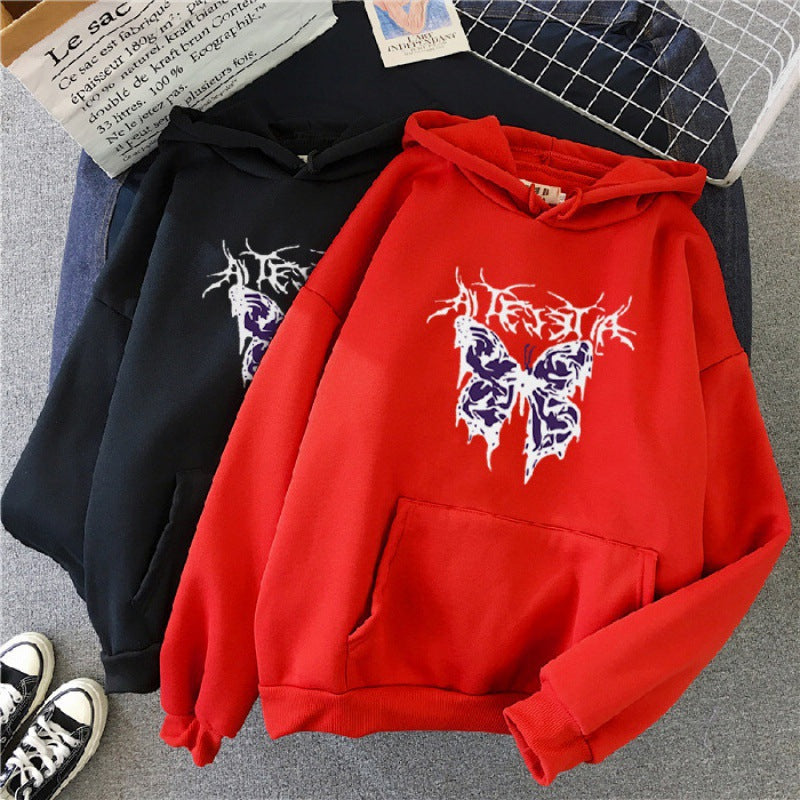 Damen nan Oversize-Kapuzenpullover mit gothischer Schmetterlings-Illustration und Kängurutasche Shop Nory