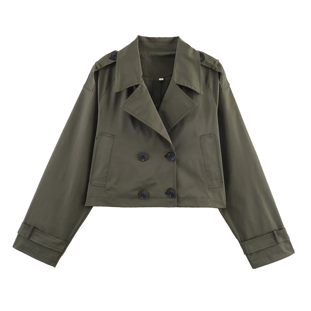 Damen Cropped Doppelreiher-Trenchjacke mit weitem Revers, Epauletten und boxy Schnitt Shop Nory