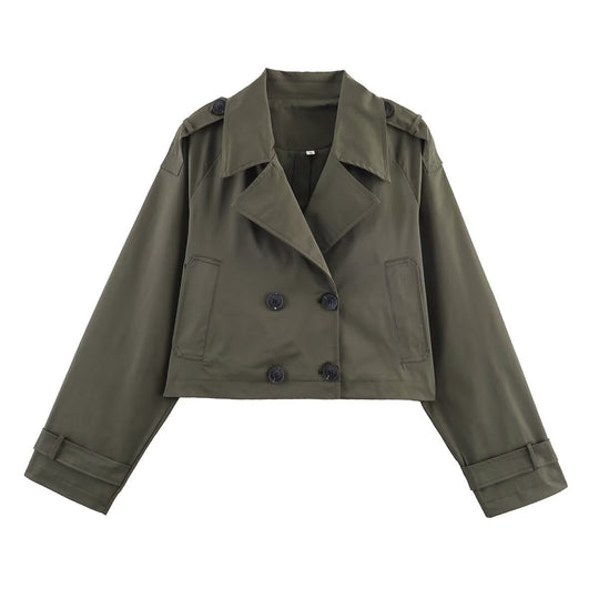 Damen Cropped Doppelreiher-Trenchjacke mit weitem Revers, Epauletten und boxy Schnitt Shop Nory