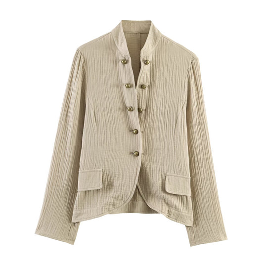 Damen leichte taillierte Baumwollblazer-Jacke mit Stehkragen und Zierknopfleiste Shop Nory