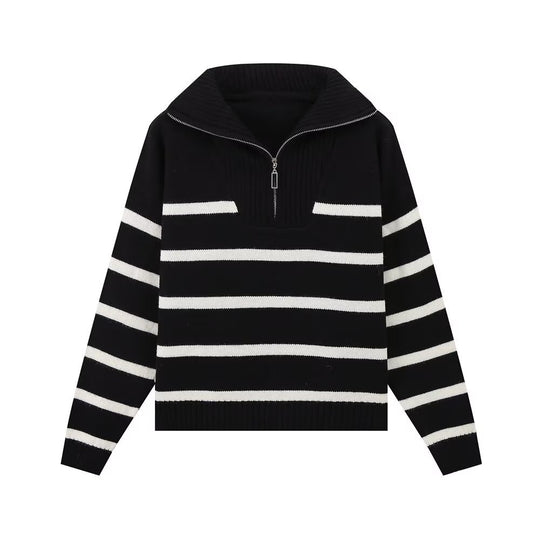 Damen Gestreifter Strickpullover mit hohem Rollkragen und halbem Reißverschluss Shop Nory