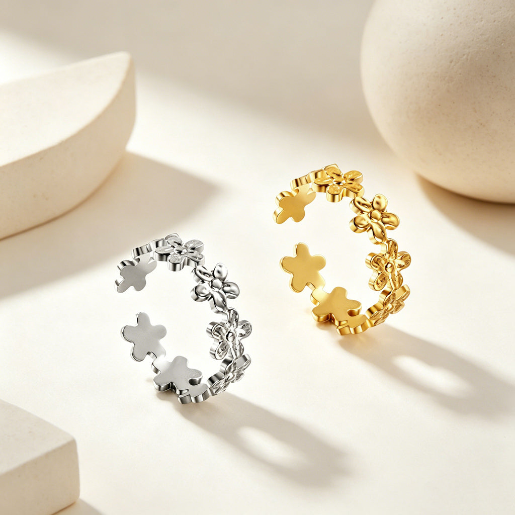 Damen verspielter Ring aus antibakteriellem Edelstahl mit Blumenmotiven Shop Nory