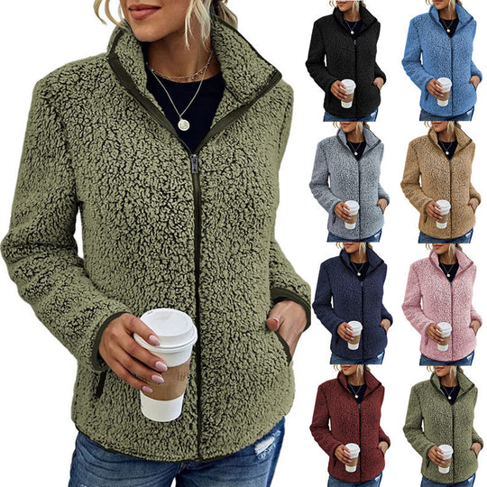 Damen kuschelige Teddy-Fleecejacke mit Stehkragen und Reißverschluss Shop Nory