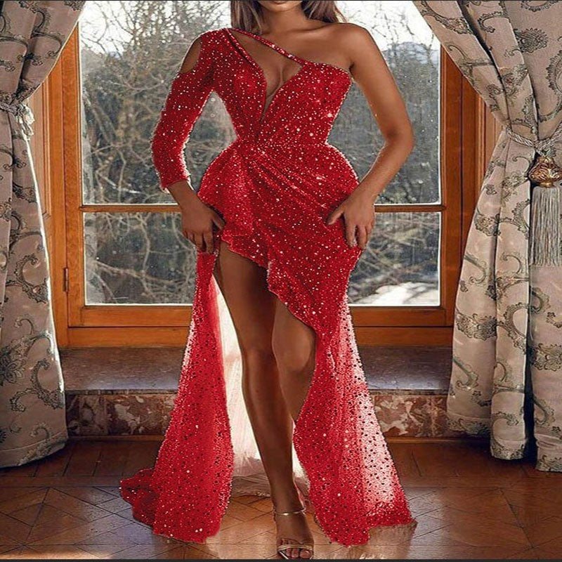 Puff Kurzarm Tailliertes Pailletten Midi Partykleid