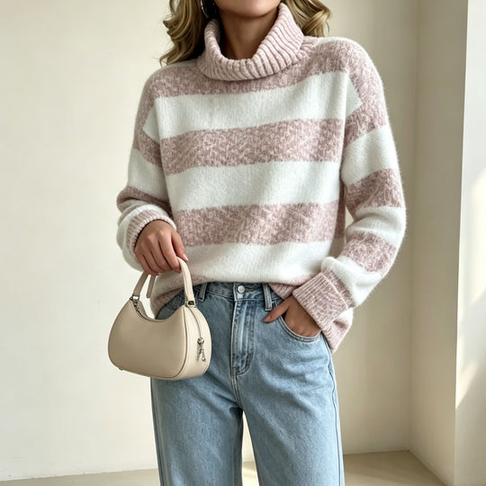Damen Rollkragenpullover mit breiten Streifen und strukturiertem Bouclé-Strick Shop Nory