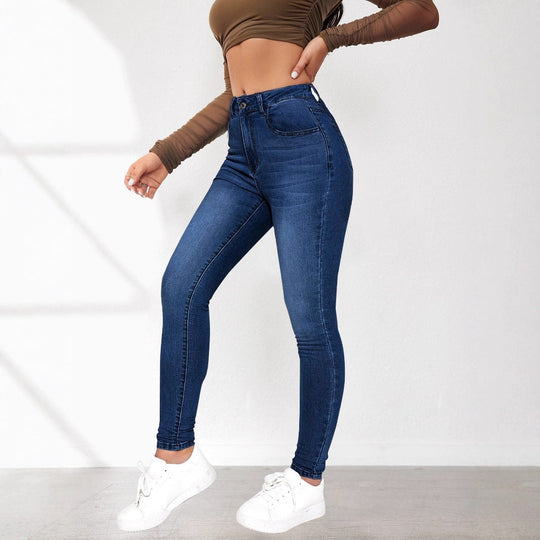 Damen High-Waist Skinny Jeans mit angedeuteten Taschen und elastischem Bund