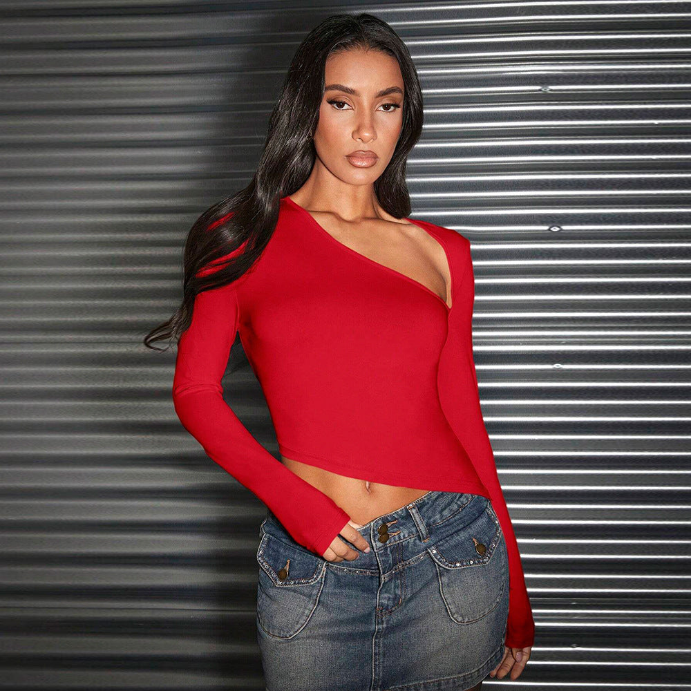 Damen asymmetrisches Langarm-Cropped-Top mit Ein-Schulter-Detail und sculptender Passform Shop Nory