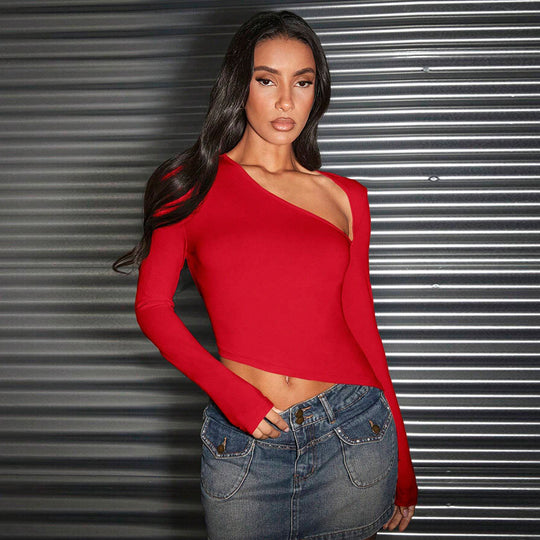 Damen asymmetrisches Langarm-Cropped-Top mit Ein-Schulter-Detail und sculptender Passform Shop Nory