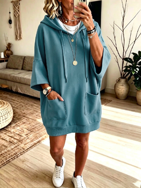 Damen Oversize Hoodie-Kleid mit Kängurutaschen und halblangen Ärmeln Shop Nory