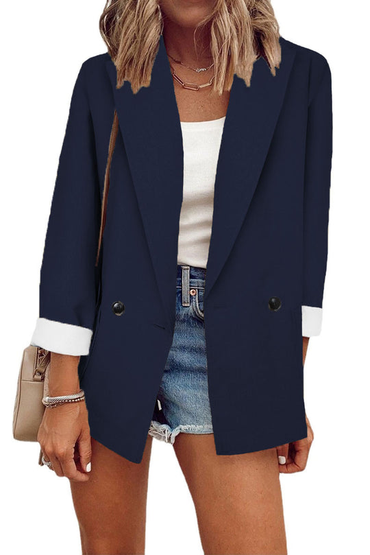 Damen Oversize Longline-Blazer mit 3/4-Ärmeln, Kontrastumschlag und aufgesetzten Taschen Shop Nory