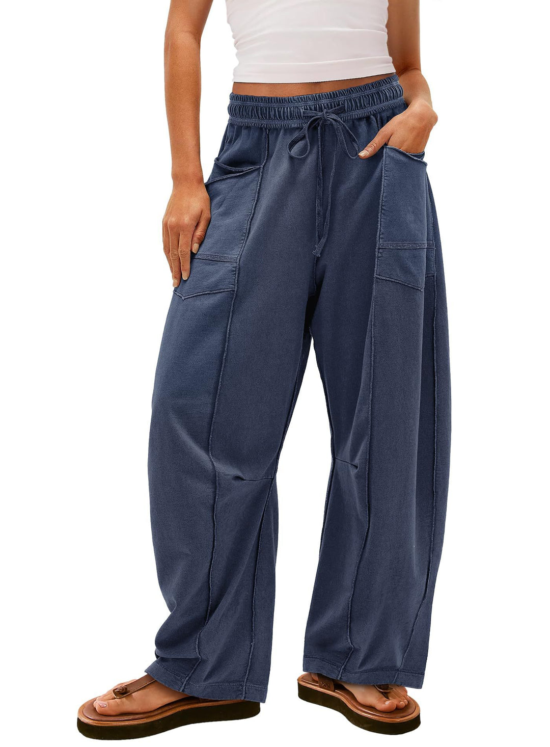 Damen weite Cargo-Loungehose mit elastischem Bund und Kontrastnähten Shop Nory