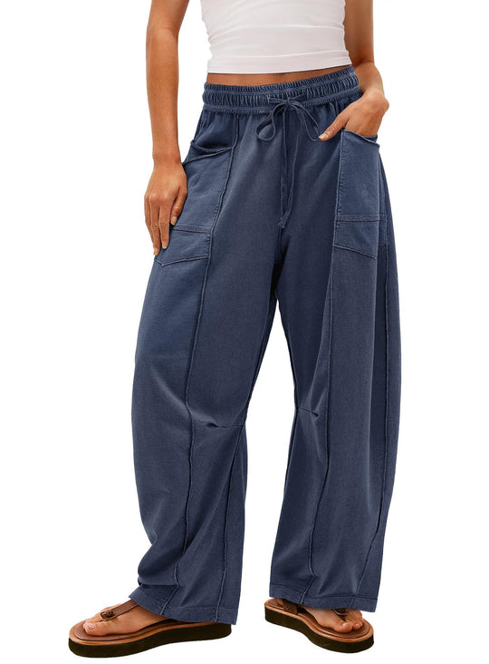 Damen weite Cargo-Loungehose mit elastischem Bund und Kontrastnähten Shop Nory