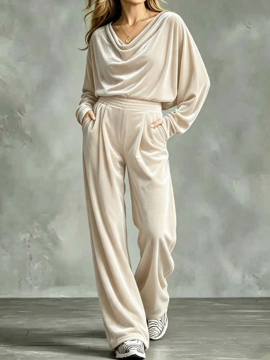 Damen Samt-Loungewear-Set mit Wasserfallkragen, weitem Palazzo-Schnitt und Eingrifftaschen Shop Nory
