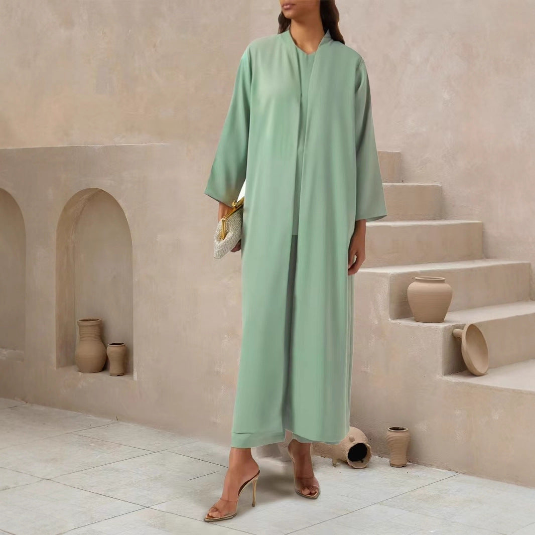 Damen Fließender Maxi-Kaftan-Mantel mit offenem Vorderteil und minimalistischem Stehkragen Shop Nory