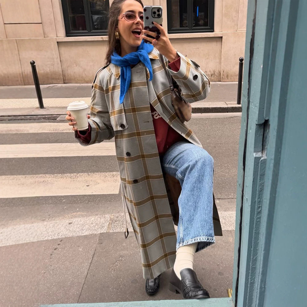 Damen langer kariierter Mantel im Trenchcoat-Stil mit doppelter Knopfleiste Shop Nory