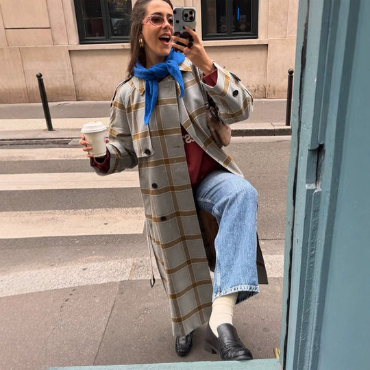 Damen langer kariierter Mantel im Trenchcoat-Stil mit doppelter Knopfleiste Shop Nory
