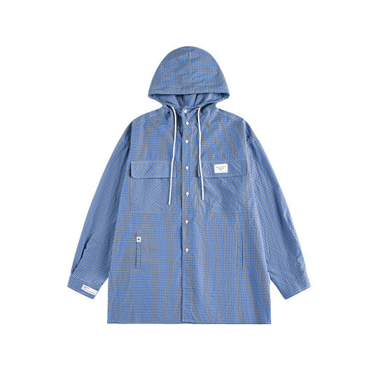 Unisex Kapuzen-Overshirt im karierten Longline-Schnitt mit Pattentaschen und Druckknopfleiste Shop Nory