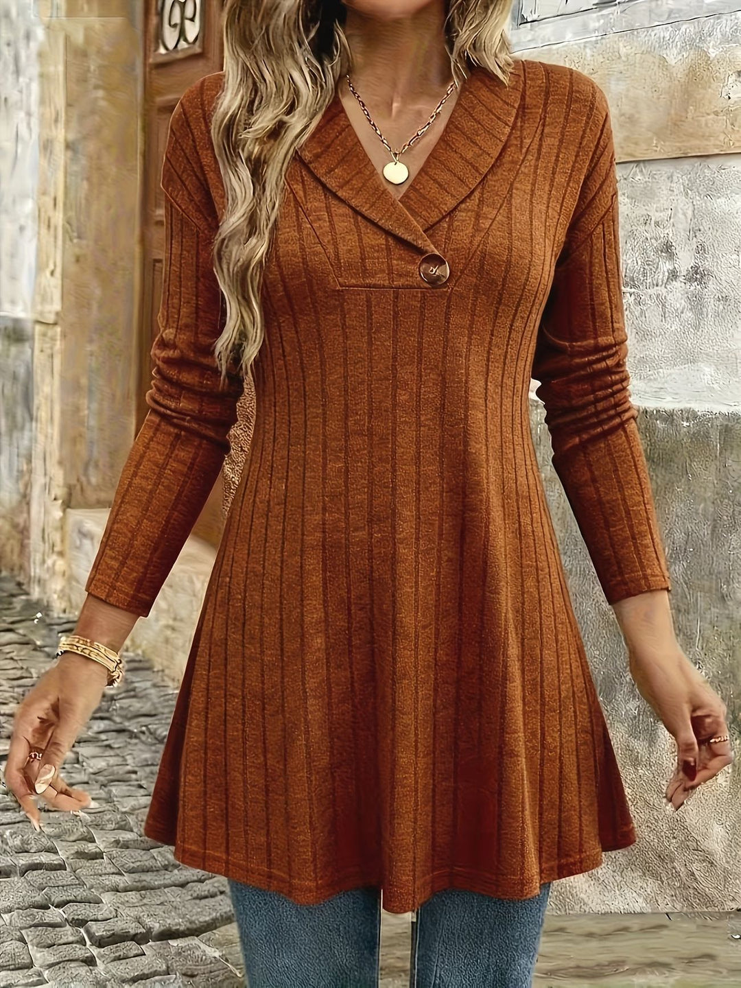 Damen Gestricktes A‑Linien‑Tunika‑Kleid mit Schalkragen und Zierknopf Shop Nory