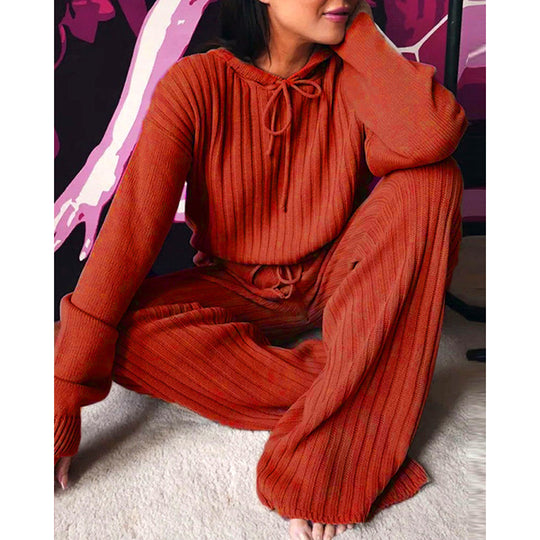 Damen Geripptes Strick-Loungewear-Set mit Kapuzenpullover und weiter Kordelzughose Shop Nory